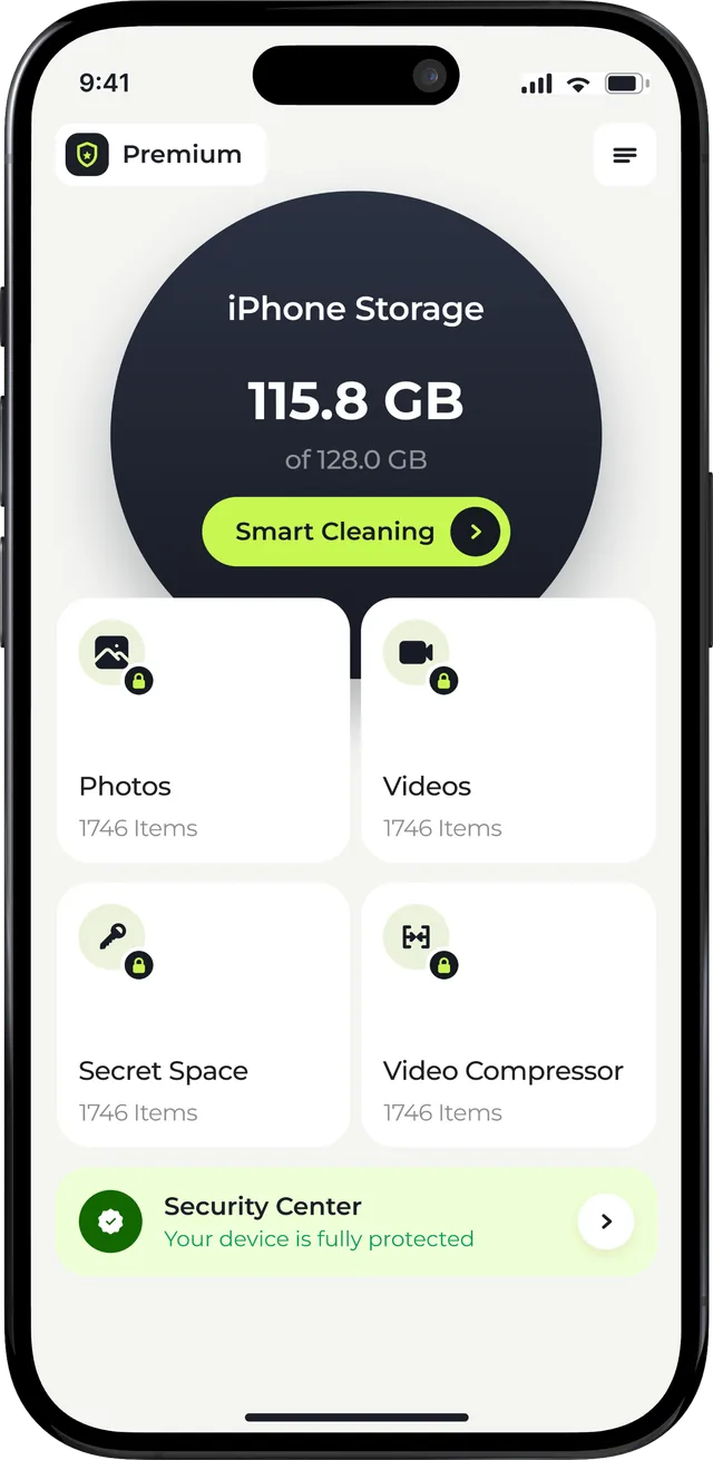 Freshio Smart home screen showing iPhone storage and Smart Cleaning